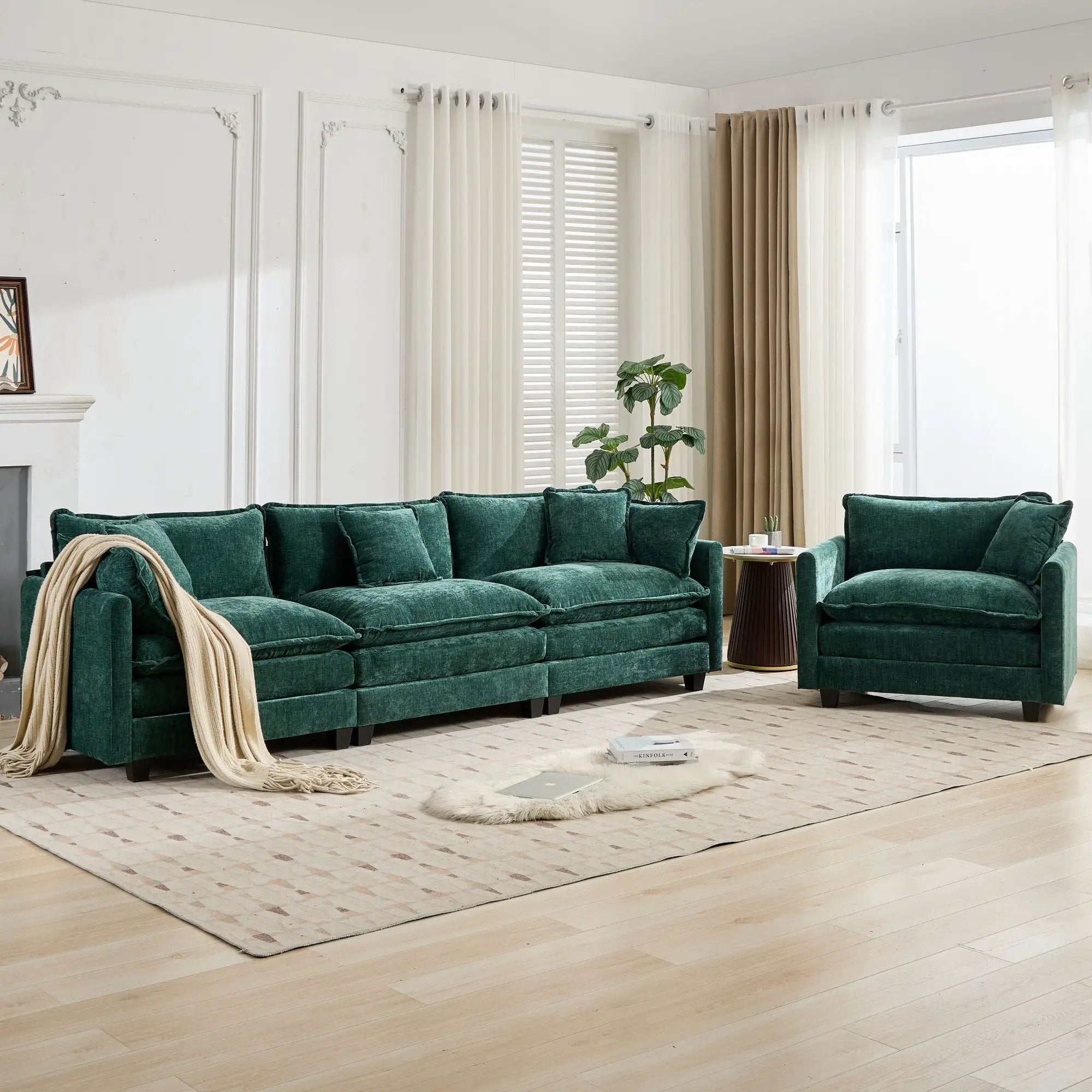 Cloud 3 Seats Sofa (Ottoman is not included) Chenille Fabric in Green by BLAKHOM