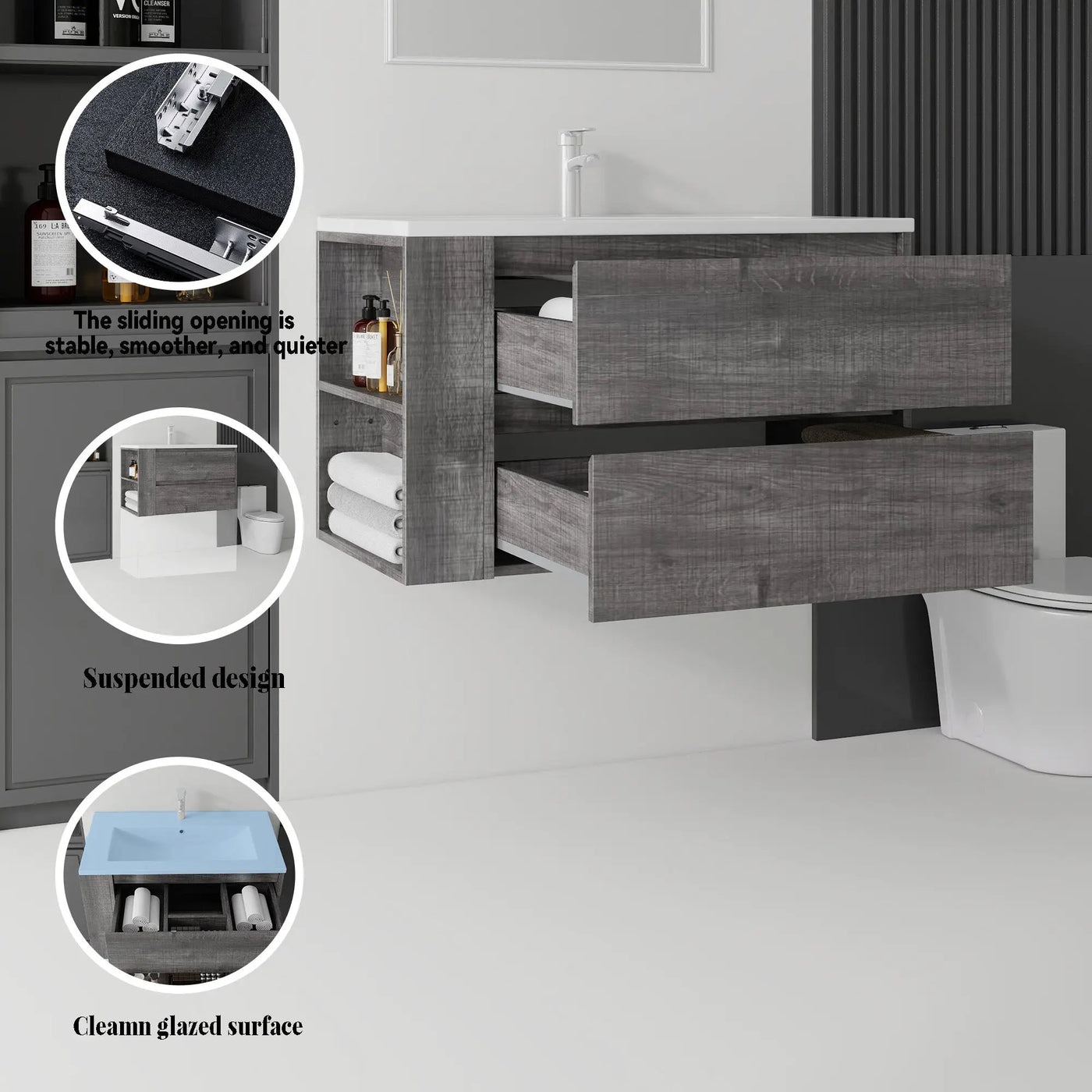 36 Inch Floating Bathroom Vanity with Sink, Soft-Close Door, Ceramic Sink, Plywood by HouseOfZazla