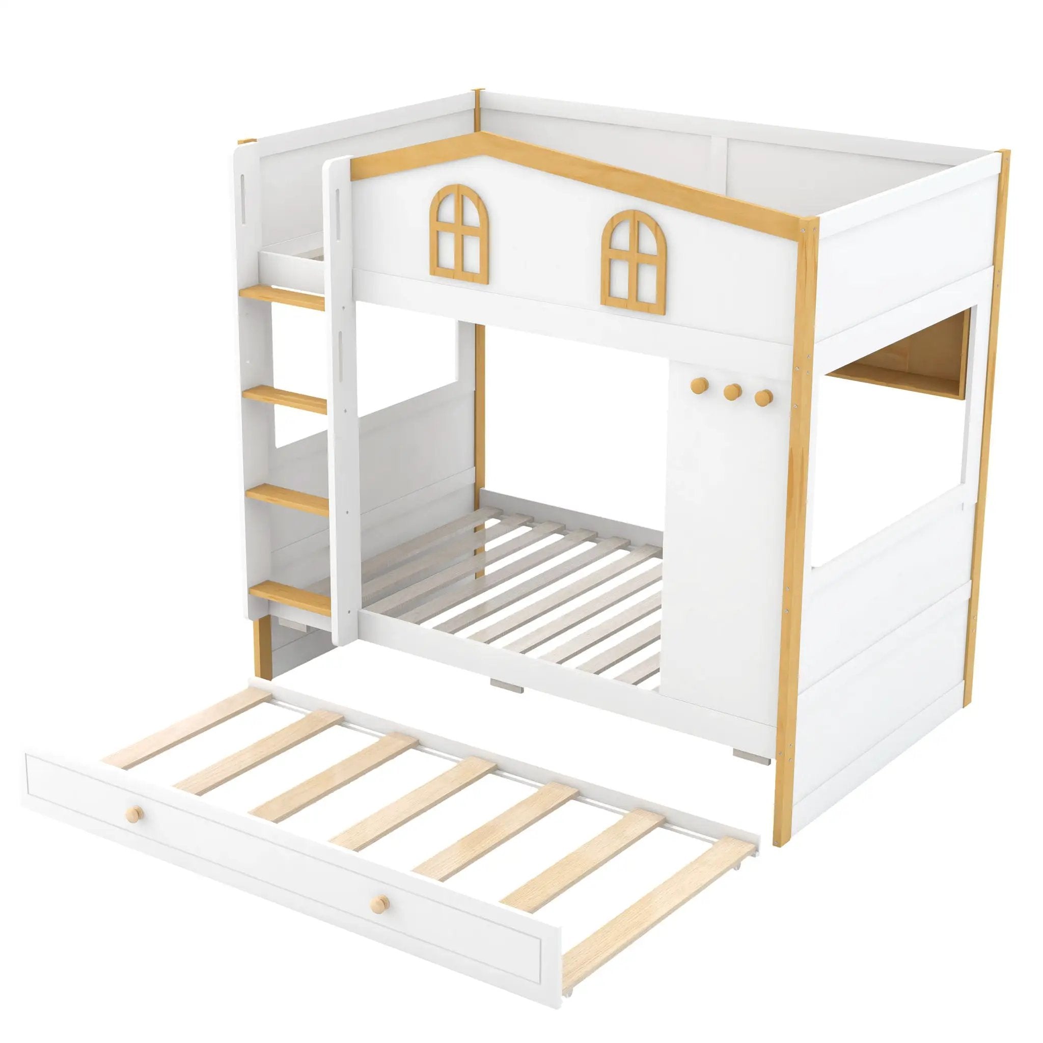 Bunk Bed With House Shaped Guardrails, Storage Shelves, And Trundle by HouseOfZazla