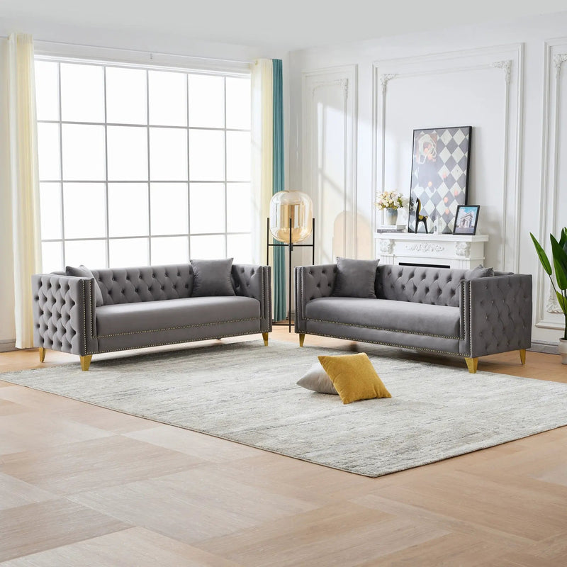 Deep Seat Sofa With Button Nailhead, Square Arm Couches by HouseOfZazla