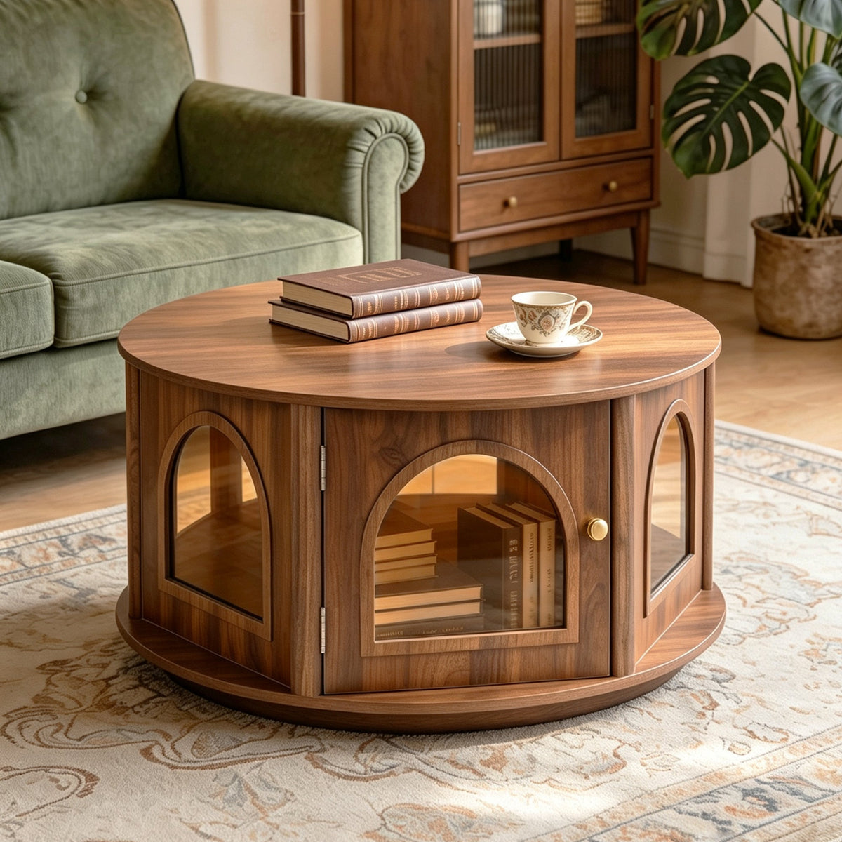 31.5" Round Coffee Table with Storage and Pet House - Dark Walnut