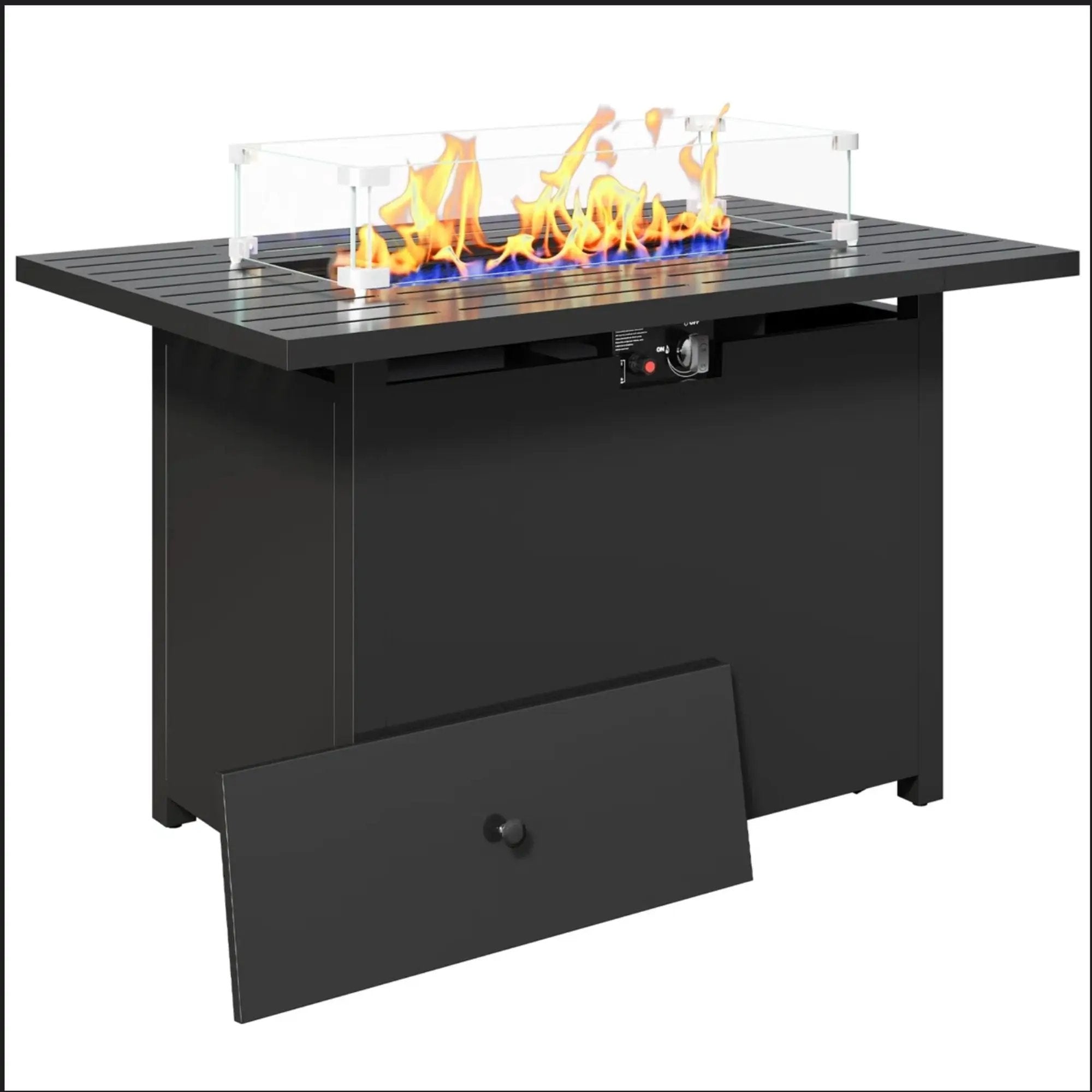 Outdoor 2 In 1 Gas Fire Pit Table With Lid & Glass Shield, Stainless Burner, Lava Rock, Rectangular Design - Black by HouseOfZazla