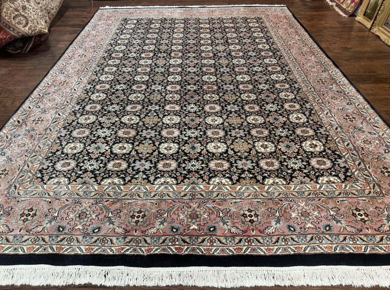 Indo Persian Rug 9x12, Vintage Handmade Wool Carpet, Repeated Allover Motif, Navy Blue and Pink by Jewel Rugs
