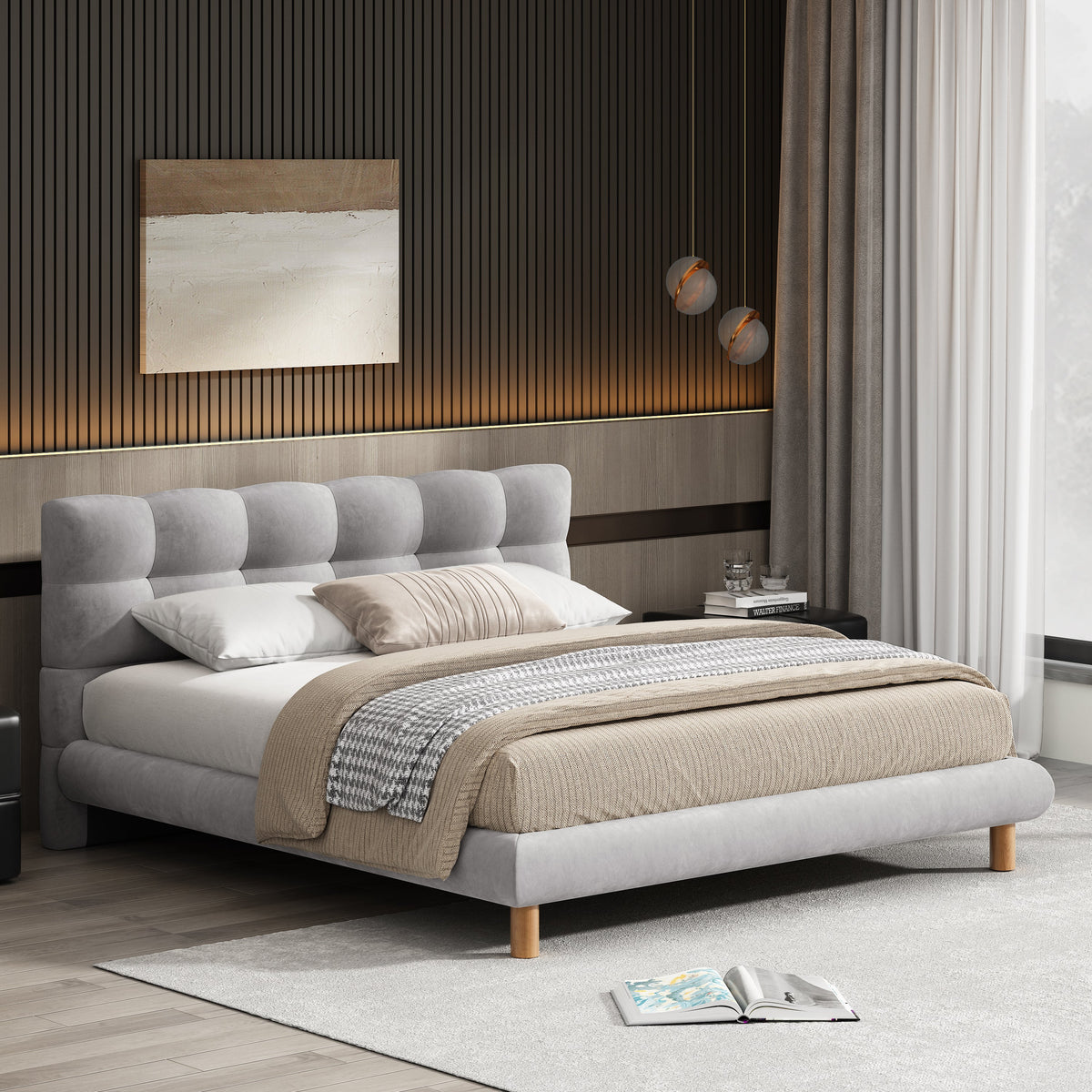 Queen Size Upholstered Platform Bed Frame with Wooden Slat Support, photo 3 of 10
