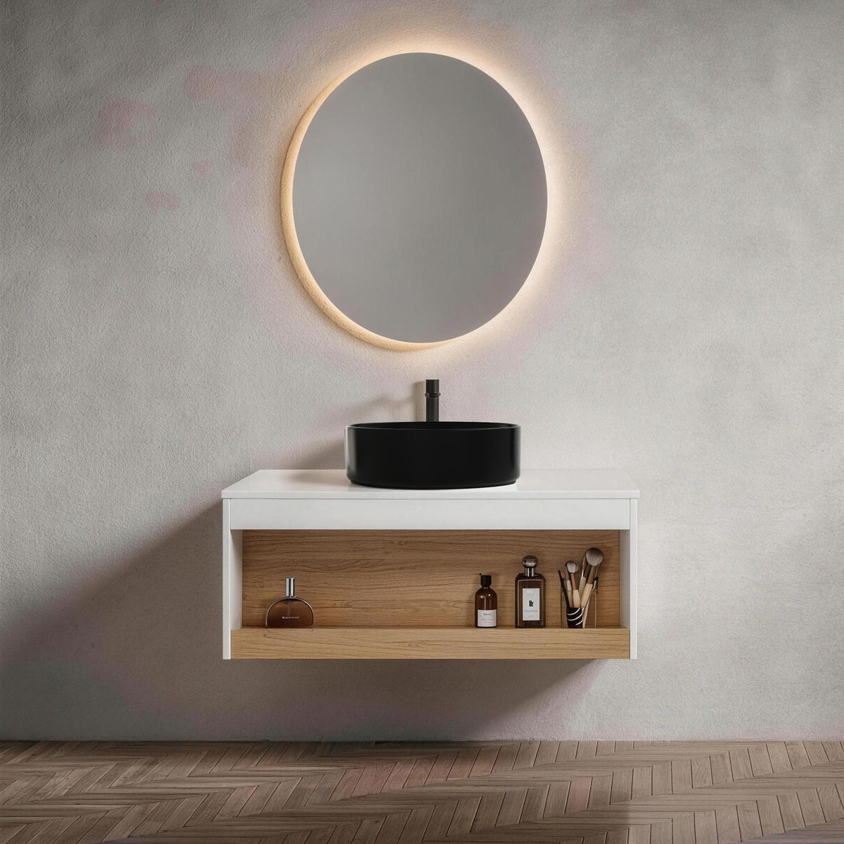Floating Bathroom Vanity With Glossy Round Vessel Sink, photo 29 of 40