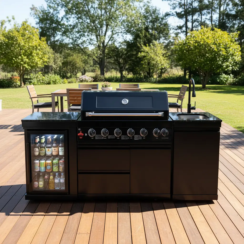 82" 6-Burner 85,000 BTU Gas Outdoor Kitchen Island Grill Stainless Steel Sink Wine Cooler by Chery Industrial