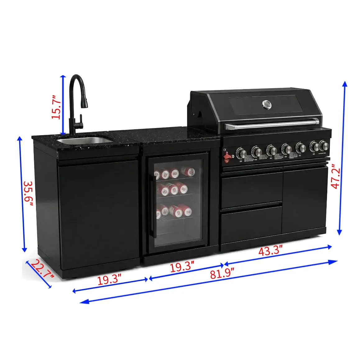82" 6-Burner 85,000 BTU Gas Outdoor Kitchen Island Grill Stainless Steel Sink Wine Cooler by Chery Industrial