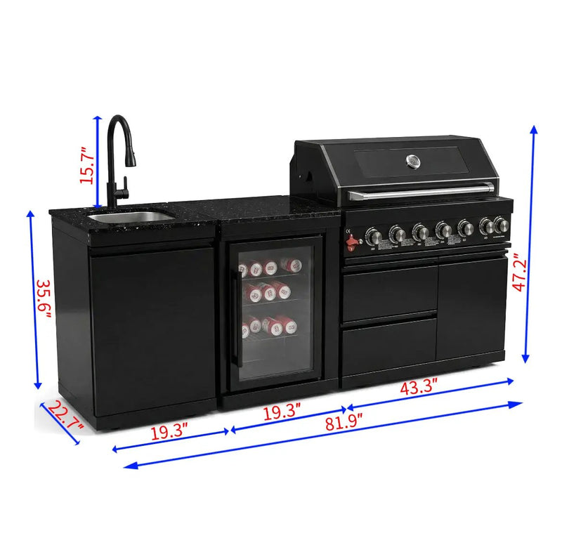 82" 6-Burner 85,000 BTU Gas Outdoor Kitchen Island Grill Stainless Steel Sink Wine Cooler by Chery Industrial