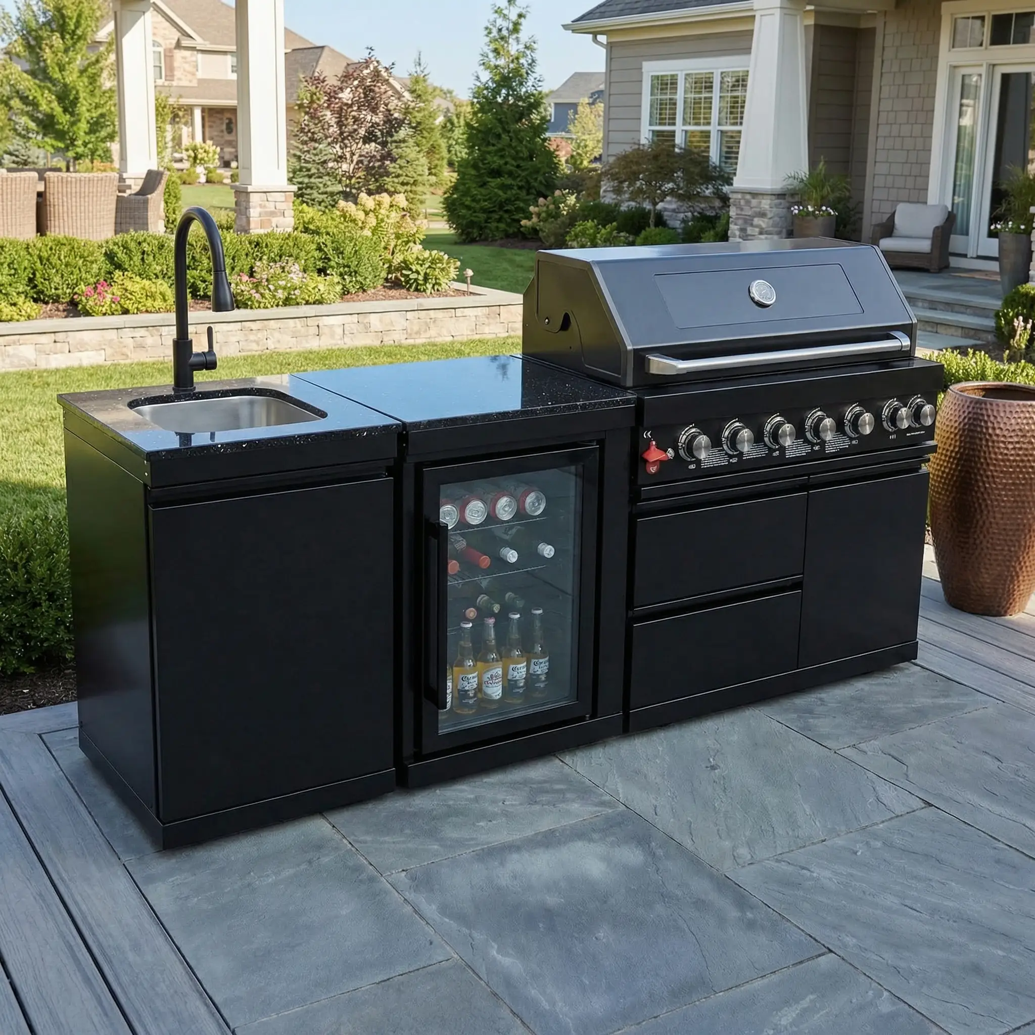 82" 6-Burner 85,000 BTU Gas Outdoor Kitchen Island Grill Stainless Steel Sink Wine Cooler by Chery Industrial