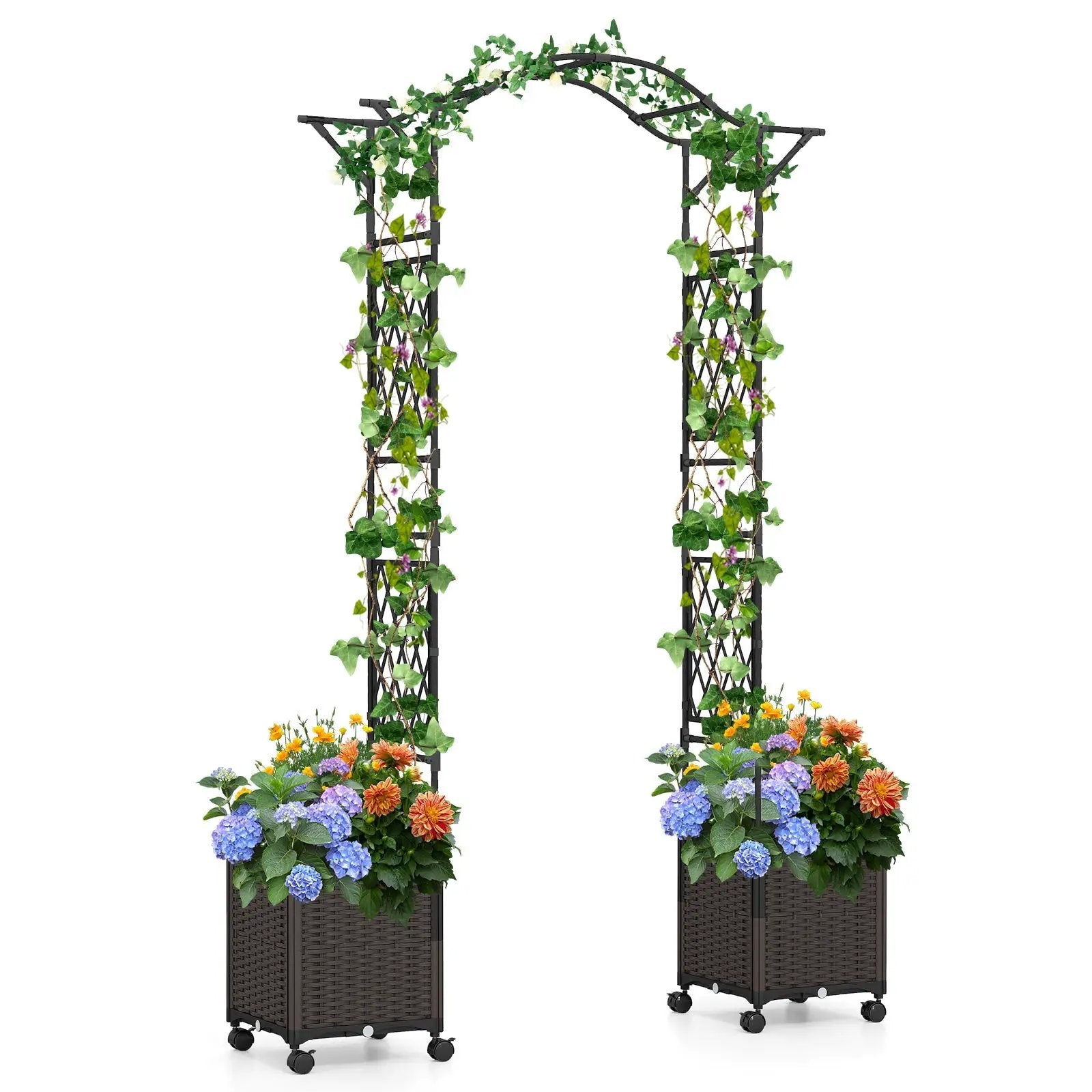 82 x 99 Inch Garden Arch Trellis with 2 Self-Watering Planter Boxes Wheels-Black by DirectDeals