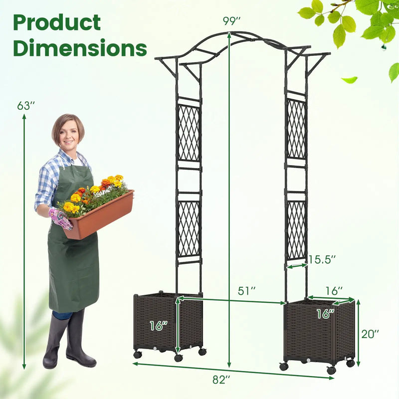 82 x 99 Inch Garden Arch Trellis with 2 Self-Watering Planter Boxes Wheels-Black by DirectDeals