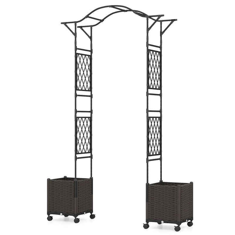 82 x 99 Inch Garden Arch Trellis with 2 Self-Watering Planter Boxes Wheels-Black by DirectDeals
