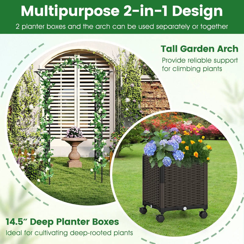 82 x 99 Inch Garden Arch Trellis with 2 Self-Watering Planter Boxes Wheels-Black by DirectDeals
