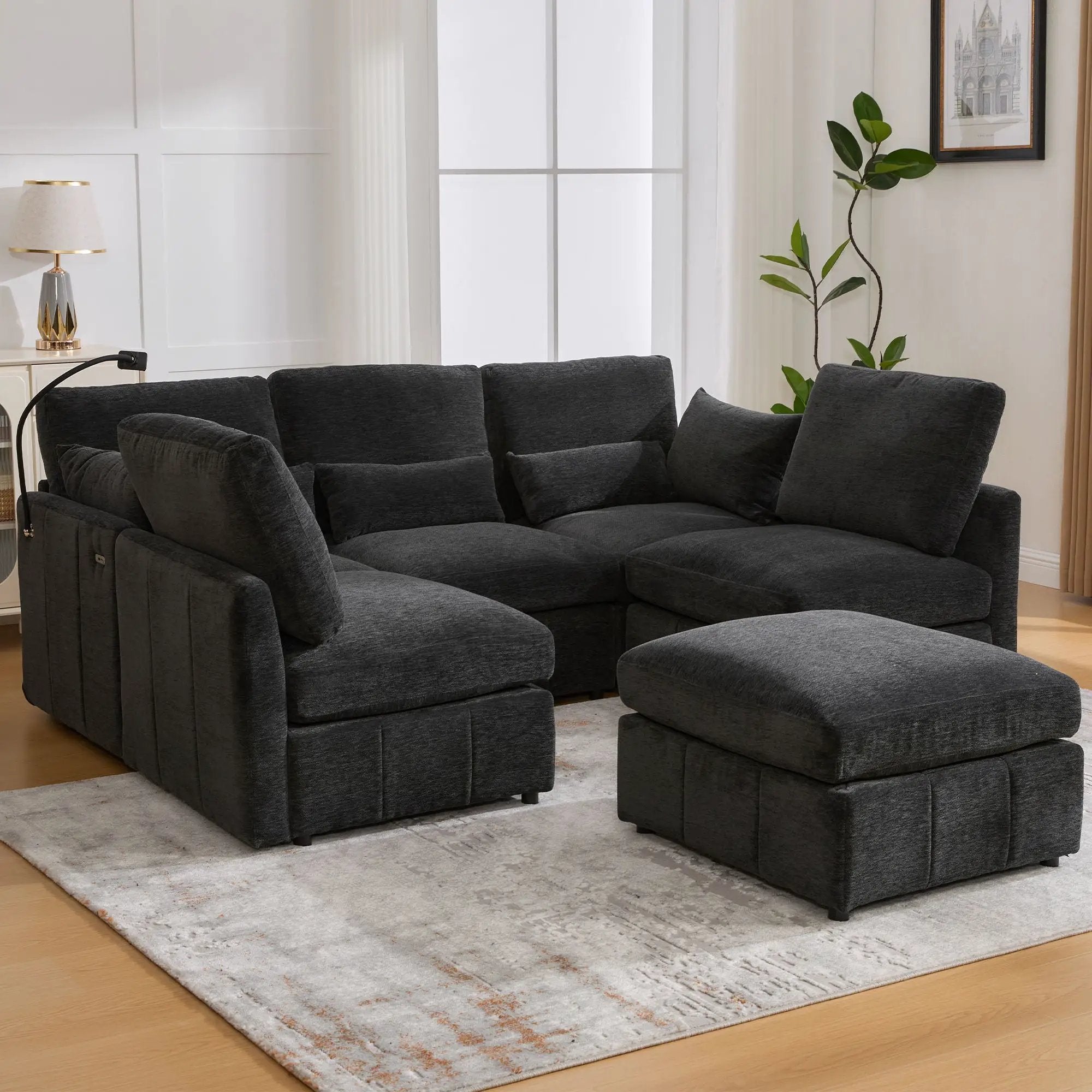 Modern Modular U-Shaped Sofa Bed With Movable Ottoman, USB Ports, Phone Holder by HouseOfZazla