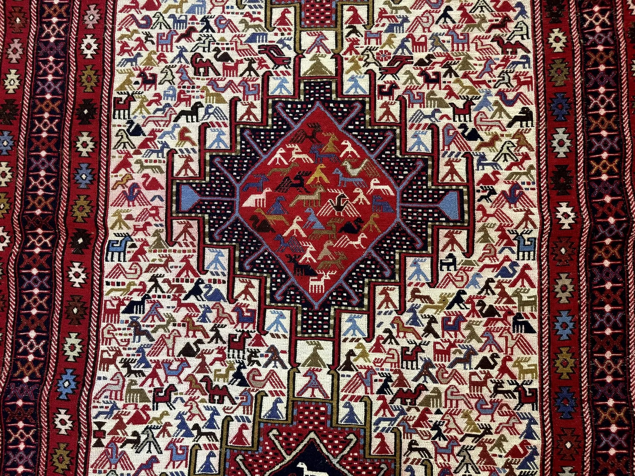 Persian Soumak Kilim Rug 4x6, Triple Medallions Tribal Pictorials, Caucasian Azerbaijani Kilim by Jewel Rugs