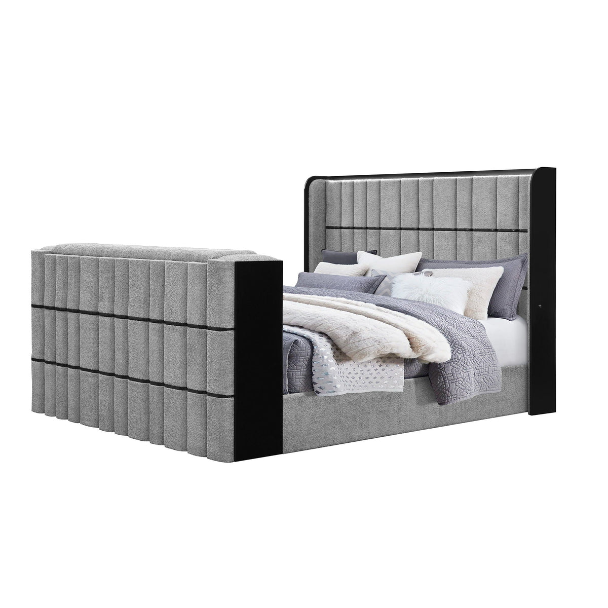 Upholstered Bed with TV Lift, LED Speakers and Fireplace - Dark Gray, photo 6 of 11