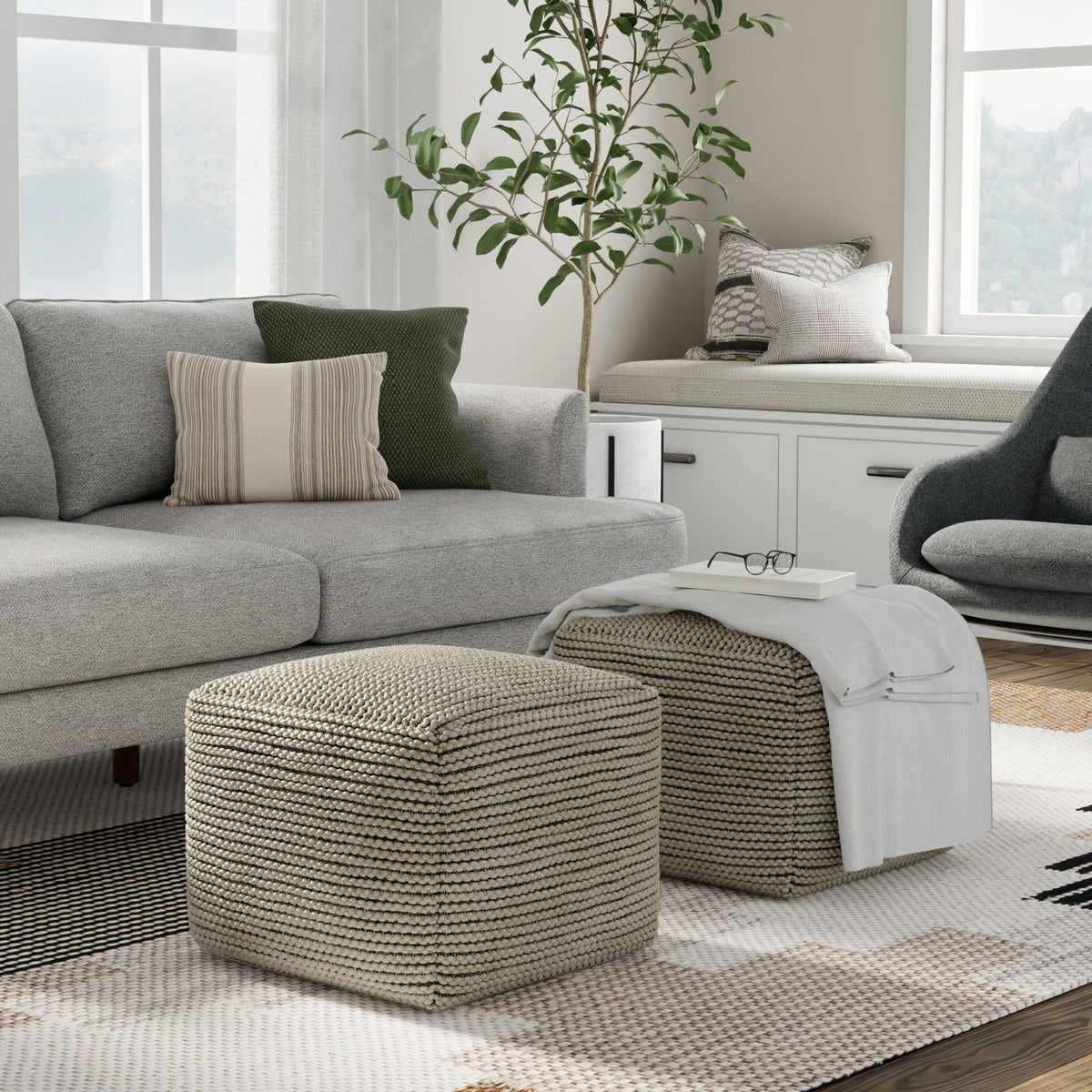 Cream Outdoor / Indoor Pouf with Water-Resistant Recycled PET, photo 3 of 5