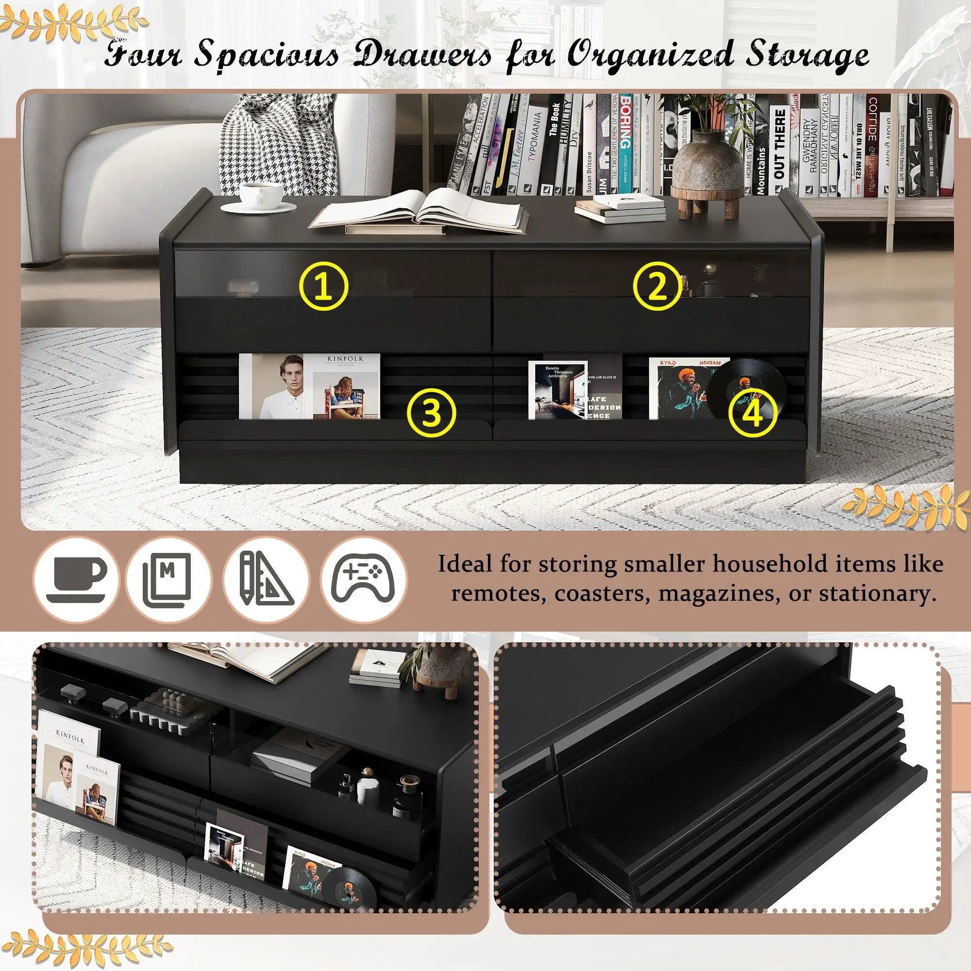 Modern Rectangle Coffee Table With 4 Drawers And 2 Display Shelves