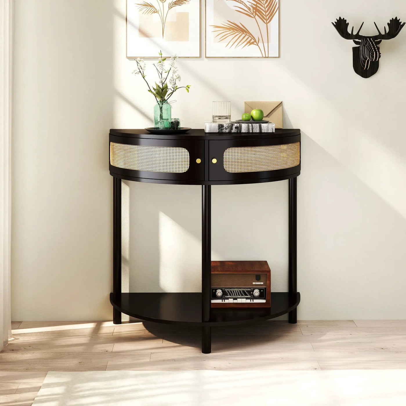 Boho Rattan Semi Circle End Table With Sliding Rattan Door, Storage And Bottom Shelf by HouseOfZazla