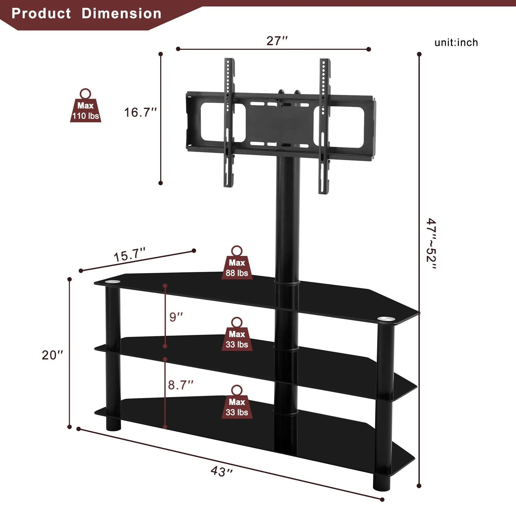 43.3" Multi-Function TV Stand Height Adjustable Bracket Swivel 3 Tier - Black by HouseOfZazla
