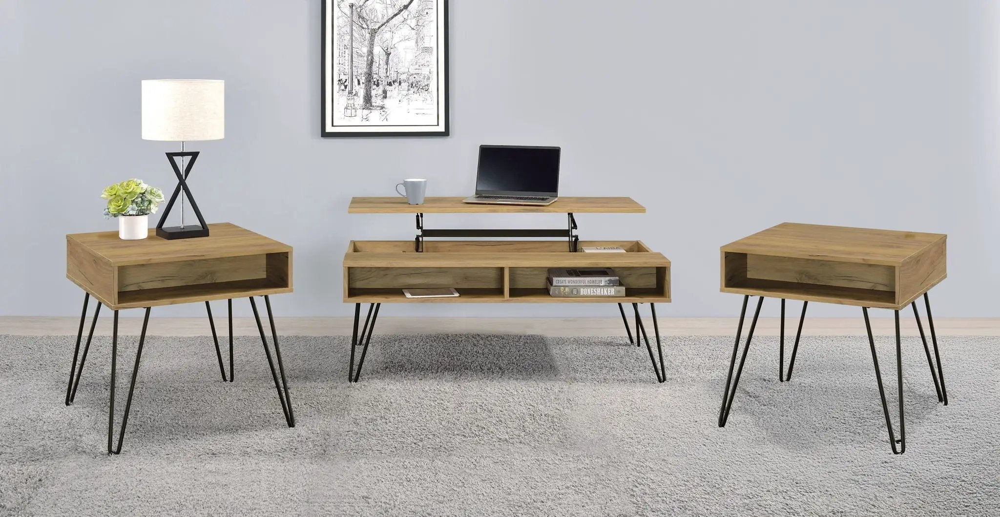 Fanning 3-piece Lift Top Coffee and End Table Set Golden Oak by Unique Piece Furniture