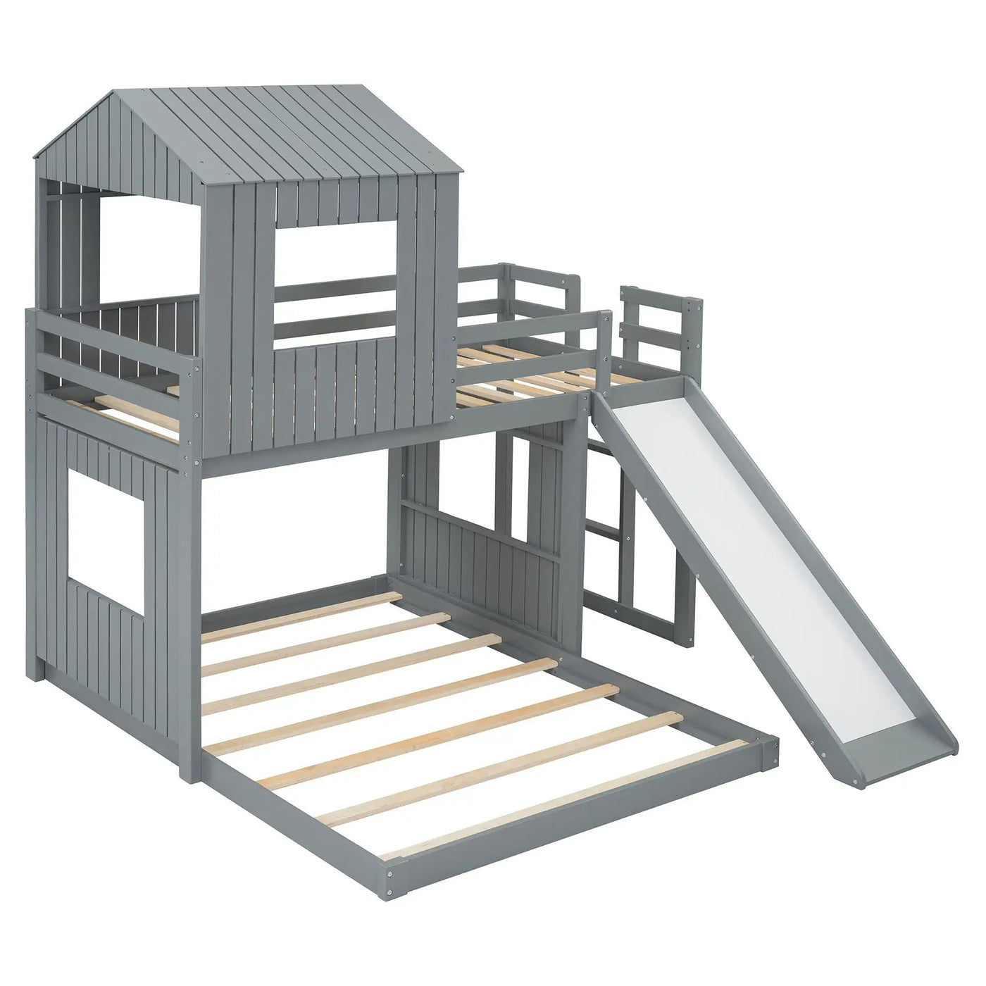 Loft Bunk Bed With Playhouse, Farmhouse, Ladder, Slide And Guardrails by HouseOfZazla