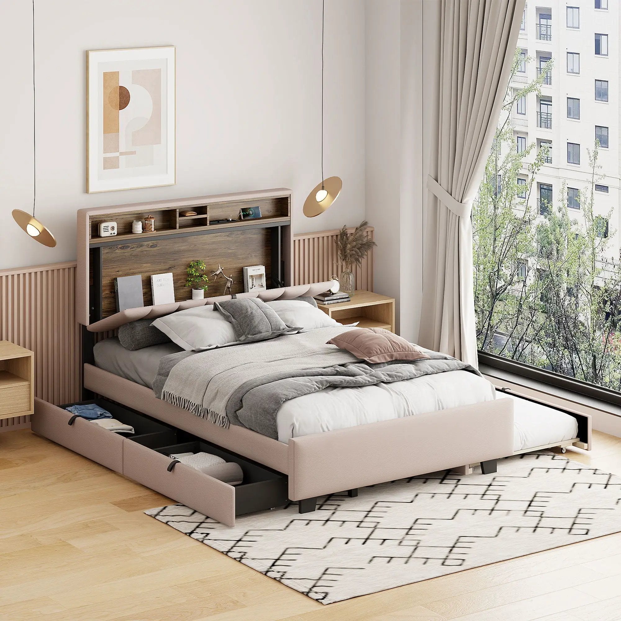 Upholstered Platform Bed With Storage Headboard, Trundle & 2 Drawers And A Set Of Sockets & USB Ports by Unique Piece Furniture