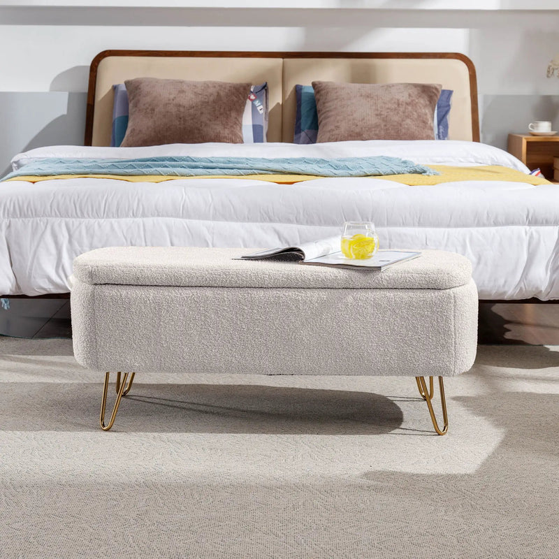 Storage Ottoman Bench For End Of Bed Legs, Modern Camel Faux Fur Entryway Bench Upholstered Padded With Storage For Living Room Bedroom by Unique Piece Furniture