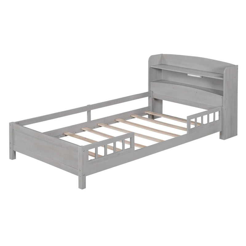 Wood Platform Bed With Built In LED Light, Storage Headboard And Guardrail by Unique Piece Furniture