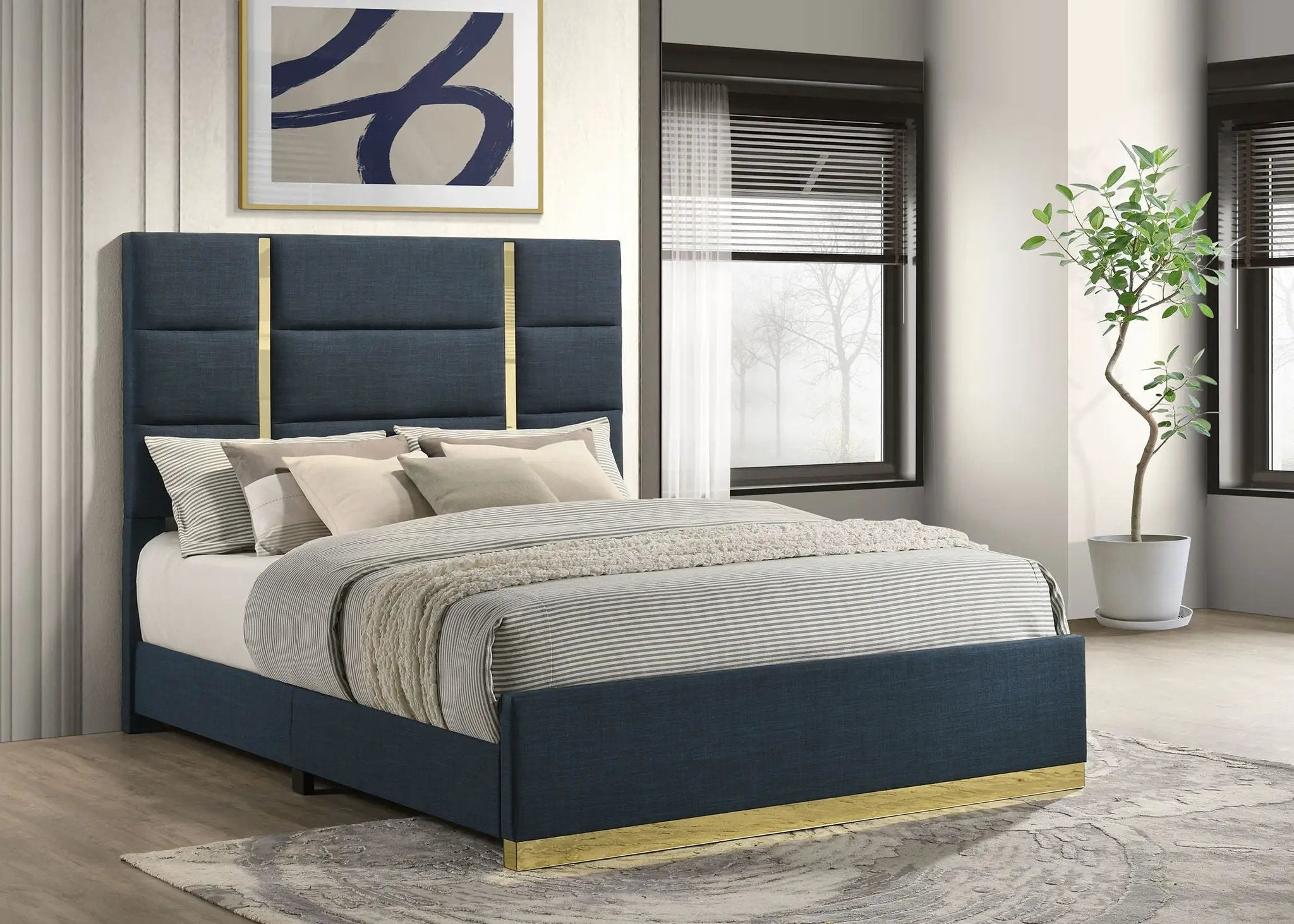 Ines 56-inch Fabric Upholstered Queen Panel Bed Navy by Unique Piece Furniture