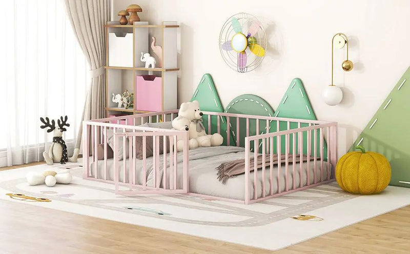 Metal Floor Bed Frame With Fence And Door by HouseOfZazla