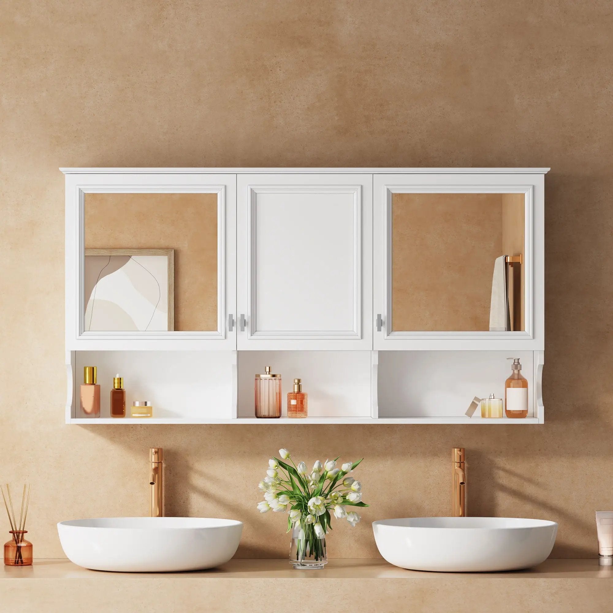 Wall-Mounted Mirror Medicine Cabinet With Adjustable Shelf And Open Shelves, Bathroom Storage Cabinet Over Toilet - White by Unique Piece Furniture