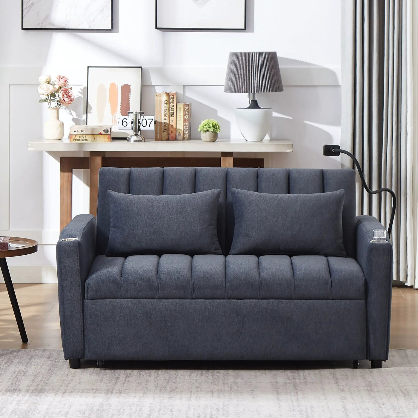 Convertible Sofa Bed Loveseat Sofa With Three USB Ports, Two Side Pockets, Two Cup Holders And 360° swivel Phone Holder For Living Room by HouseOfZazla