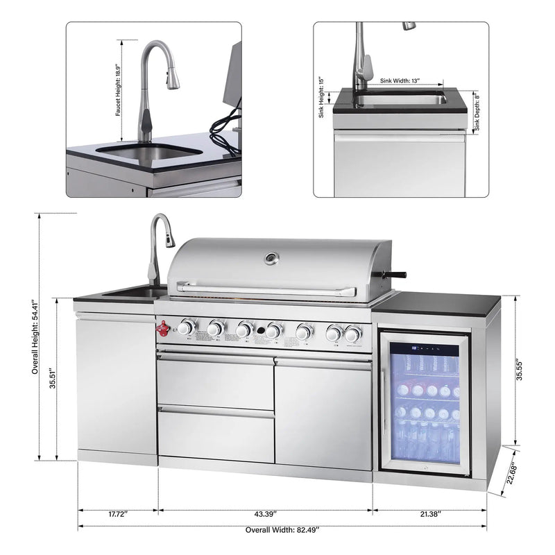 82.5" 6-Burner 83,500 BTU Silver Outdoor Kitchen Island Grill +Sink + Refrigerator by Chery Industrial