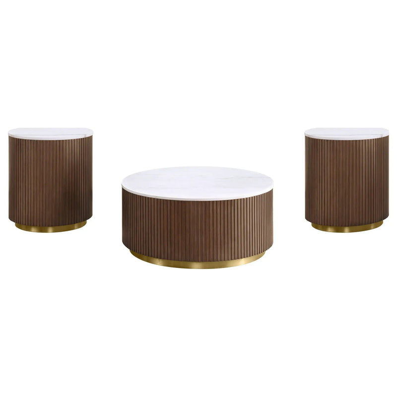 Jason 3-piece Round White Marble Coffee Table Set Honey Brown by Unique Piece Furniture