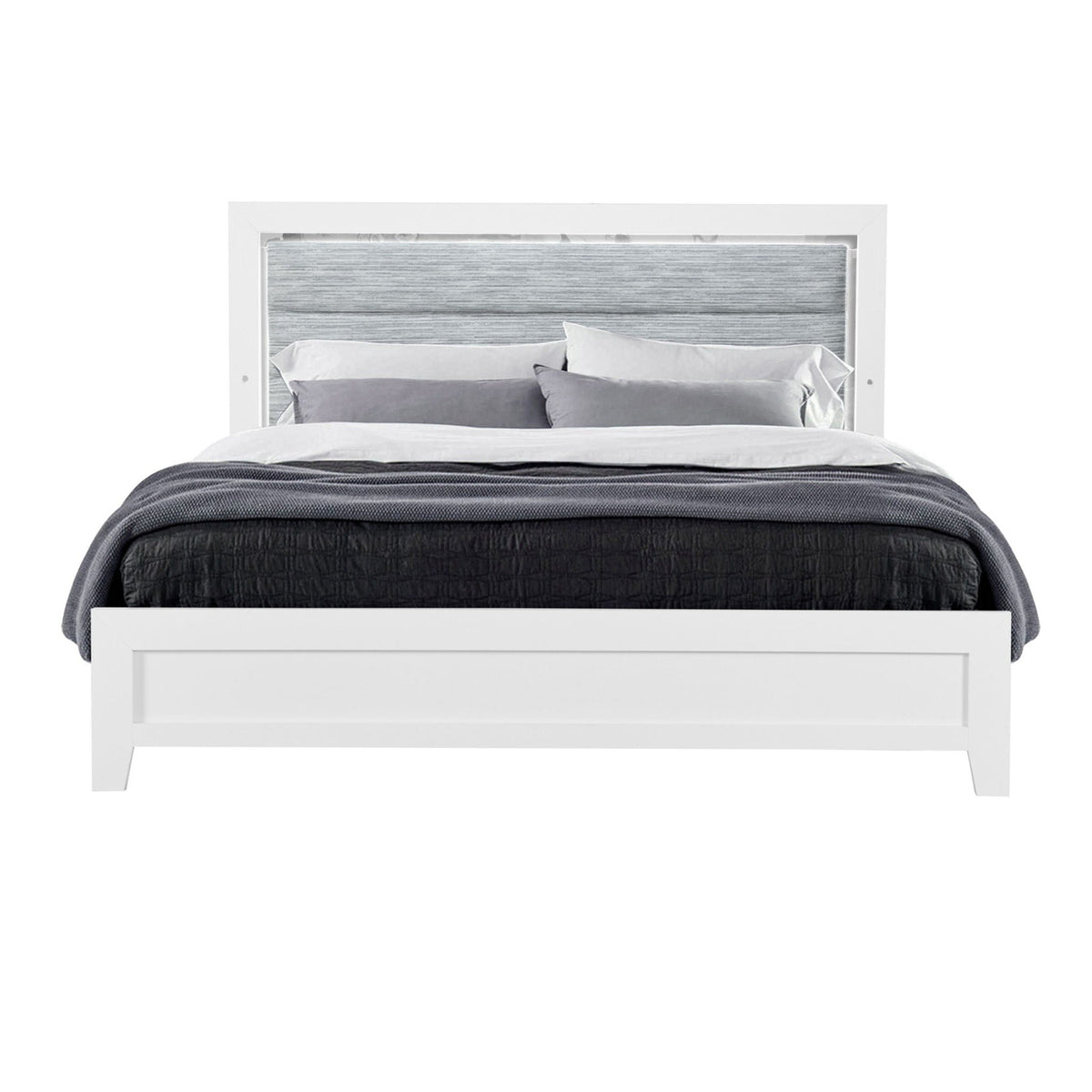 White Platform Bed with LED Accent Lighting - Upholstered Headboard