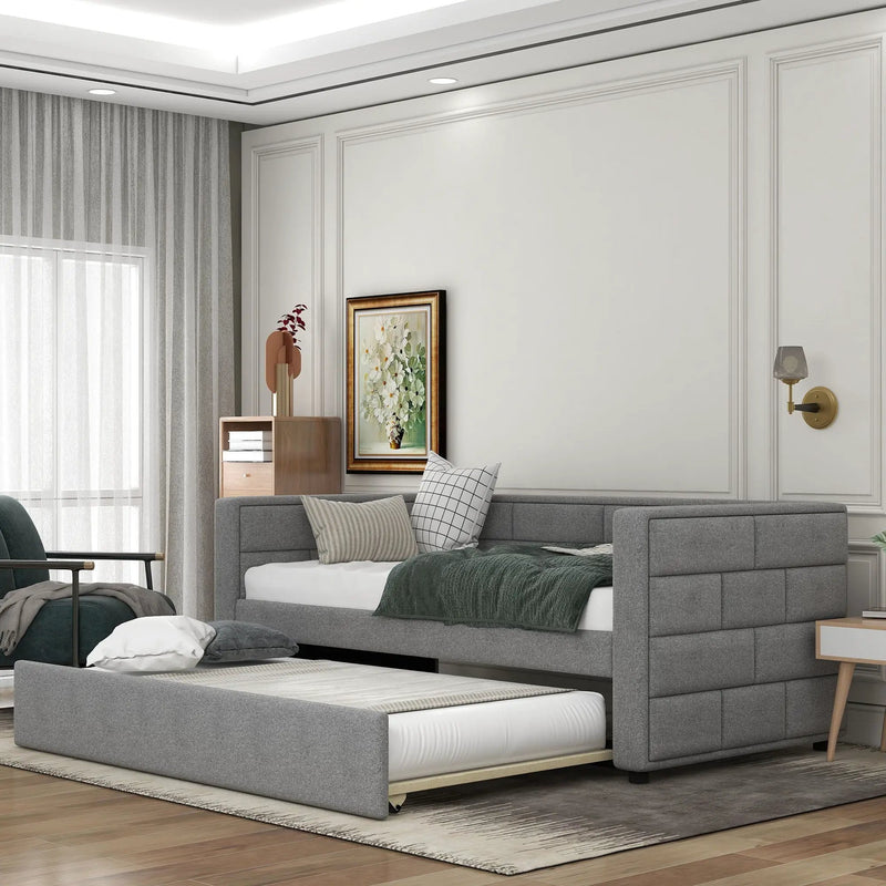 Upholstered Twin Size Daybed With Trundle, Padded Back And Sides - Gray by HouseOfZazla