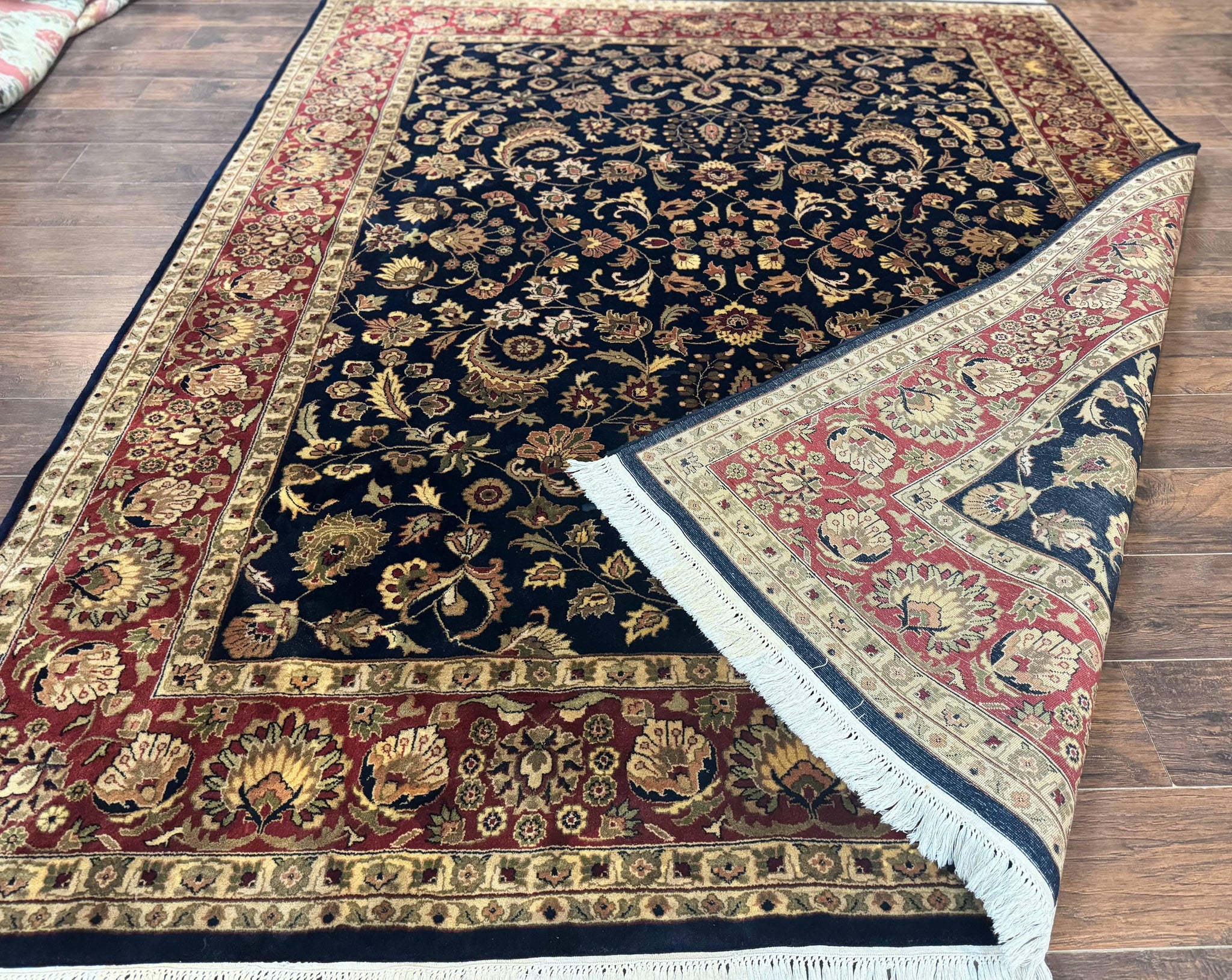 Indo Persian Rug 8x10, Navy Blue and Red, Floral Allover, Hand Knotted Vintage Wool Carpet, Indo Sarouk by Jewel Rugs