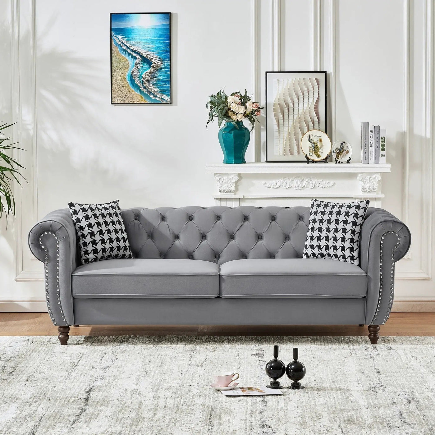 Chesterfield Upholstery Fabric Sofa With Roll Armrest & Nailhead by HouseOfZazla