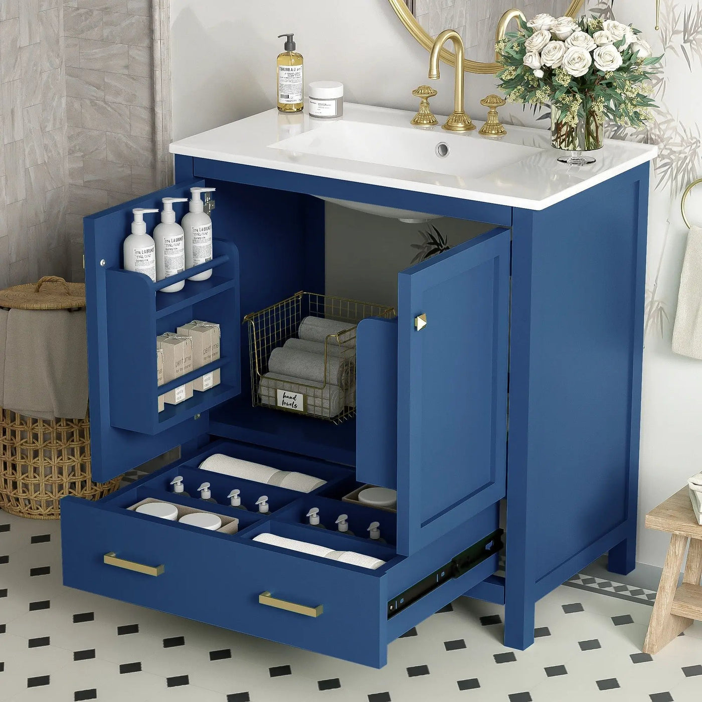 Bathroom Vanity With Single Sink, Combo Cabinet Undermount Sink, Bathroom Storage Cabinet With Two Doors And A Drawer, Soft Closing, Multifunctional Storage, Solid Wood Frame by Unique Piece Furniture
