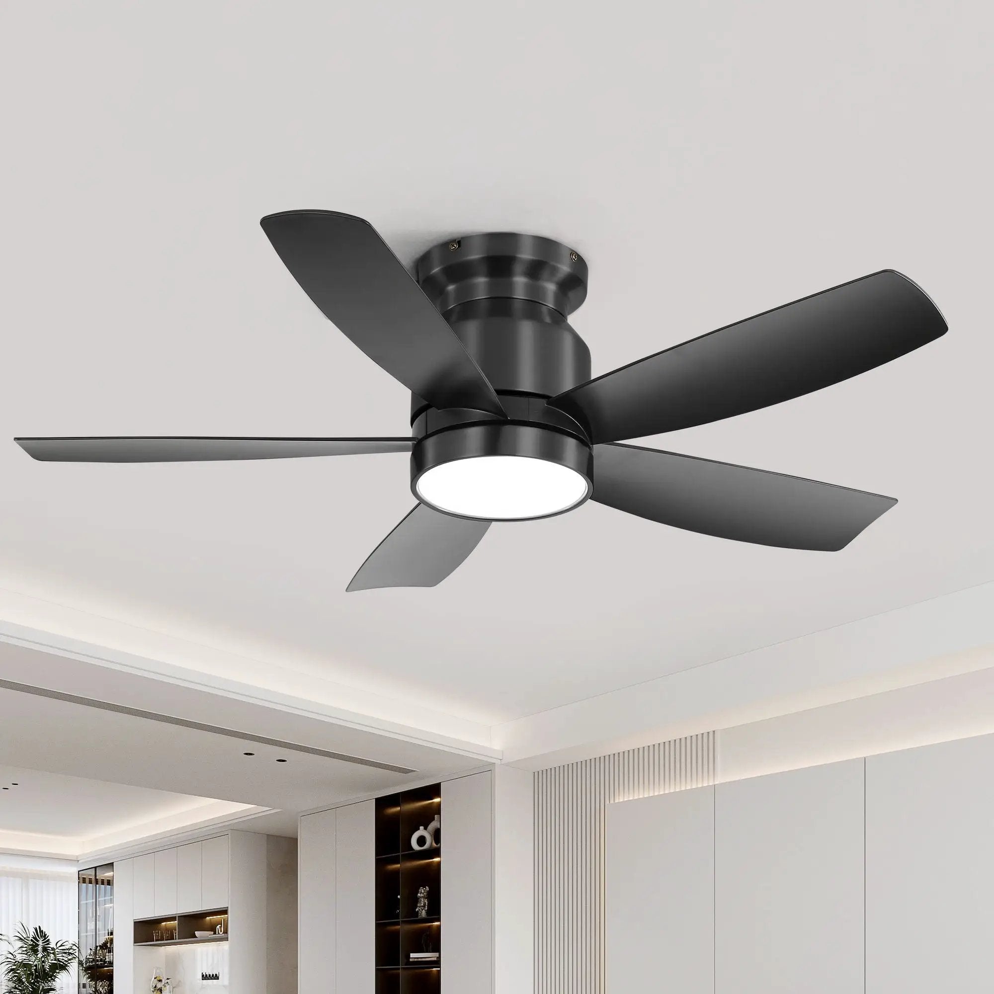 Flush Mount Ceiling Fan With LED Light 22W And Remote Control Blades For Indoor Use - Black by Unique Piece Furniture