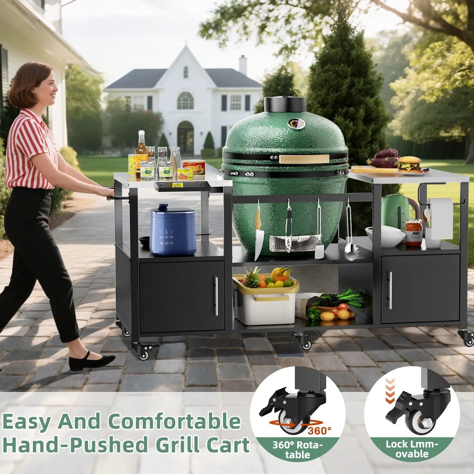 Outdoor Grill Table For Big Egg Style Bbq With Metal Grill Cart And Storage Box And Metal And Stainless Steel - Black / Silver by HouseOfZazla