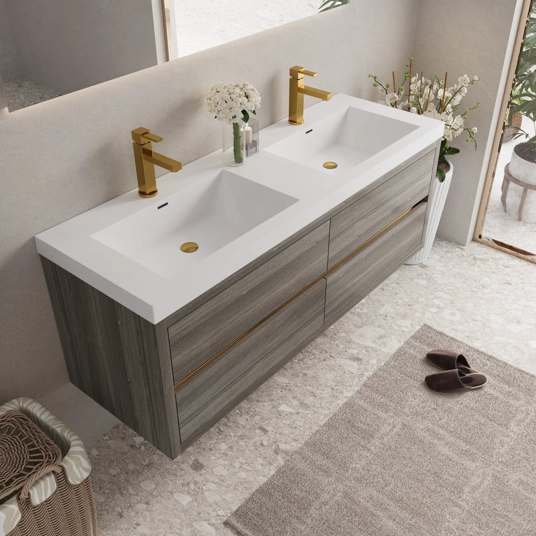 60" Wall-Mounted Bathroom Vanity with Double Sinks and Floating Storage by HouseOfZazla