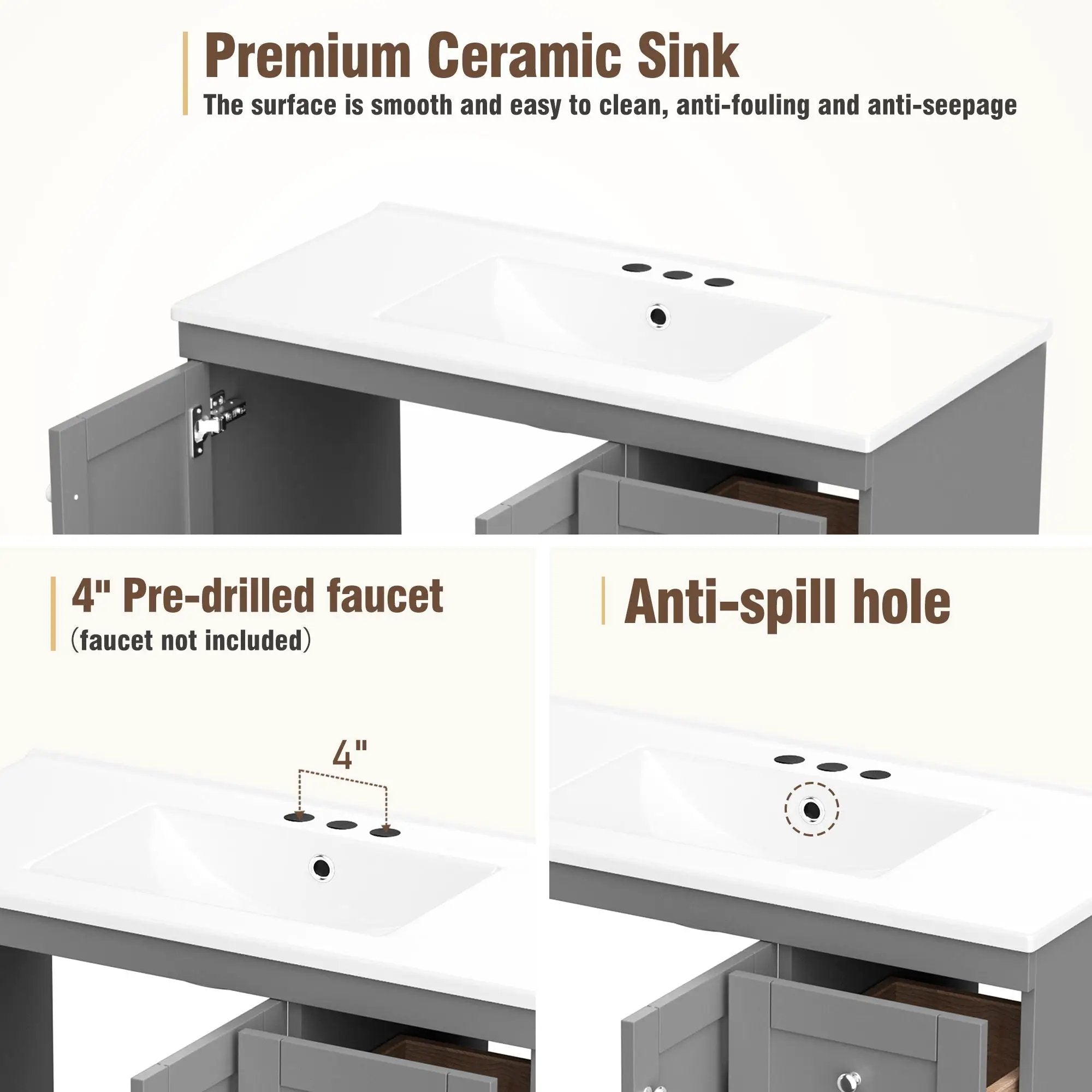 Shaker Free Standing Bathroom Vanity Cabinet & Sink, Soft Close Drawers, Soft Close Doors by Unique Piece Furniture