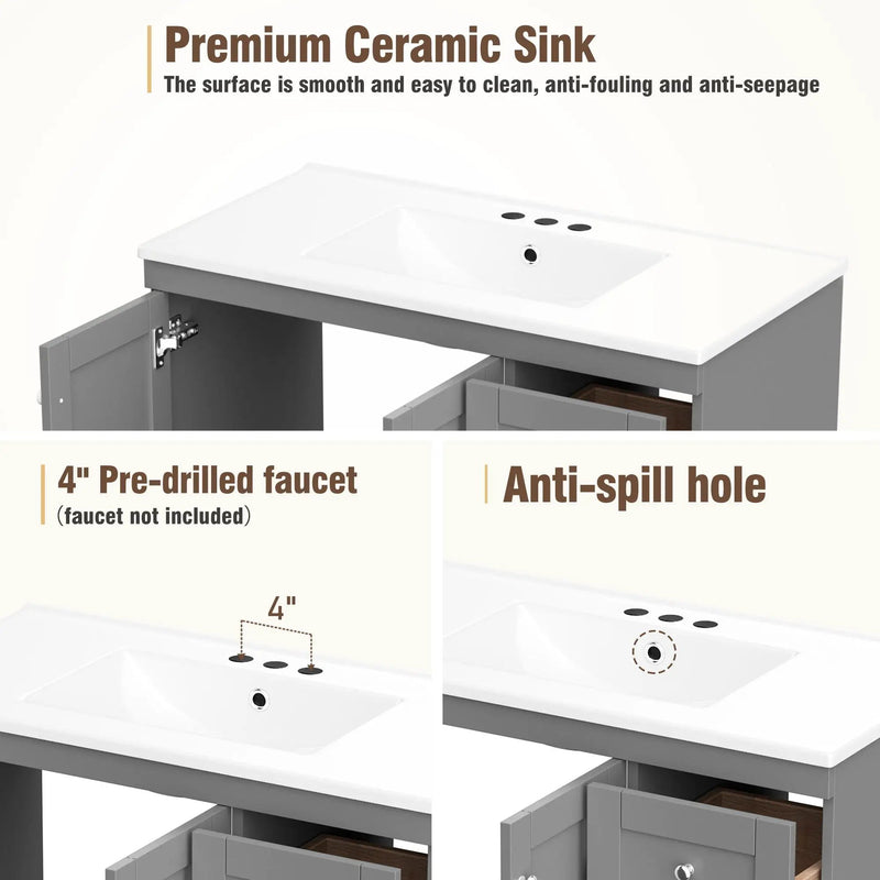 Shaker Free Standing Bathroom Vanity Cabinet & Sink, Soft Close Drawers, Soft Close Doors by HouseOfZazla