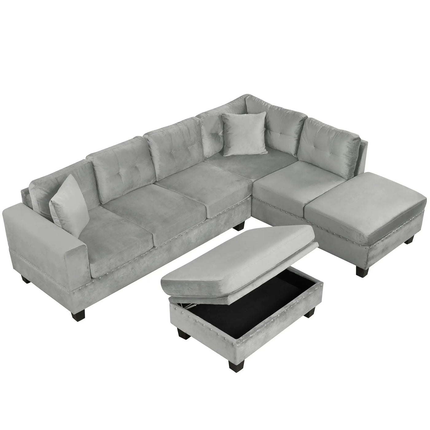 Modern Sectional Sofa With Storage Ottoman, L - Shape Couch With 2 Pillows And Cup Holders by HouseOfZazla