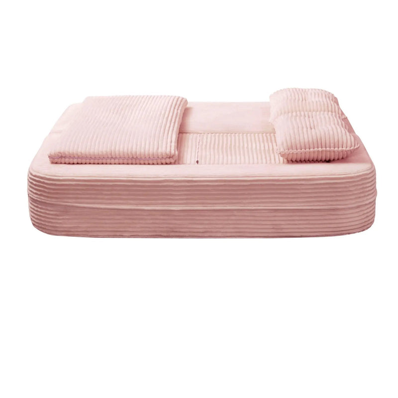 Multi Functional Sectional Sofa Bed With Independent Chaise Lounge And Functional Blanket, Convertible King Size Bed, Deep Seat - Baby Pink by HouseOfZazla