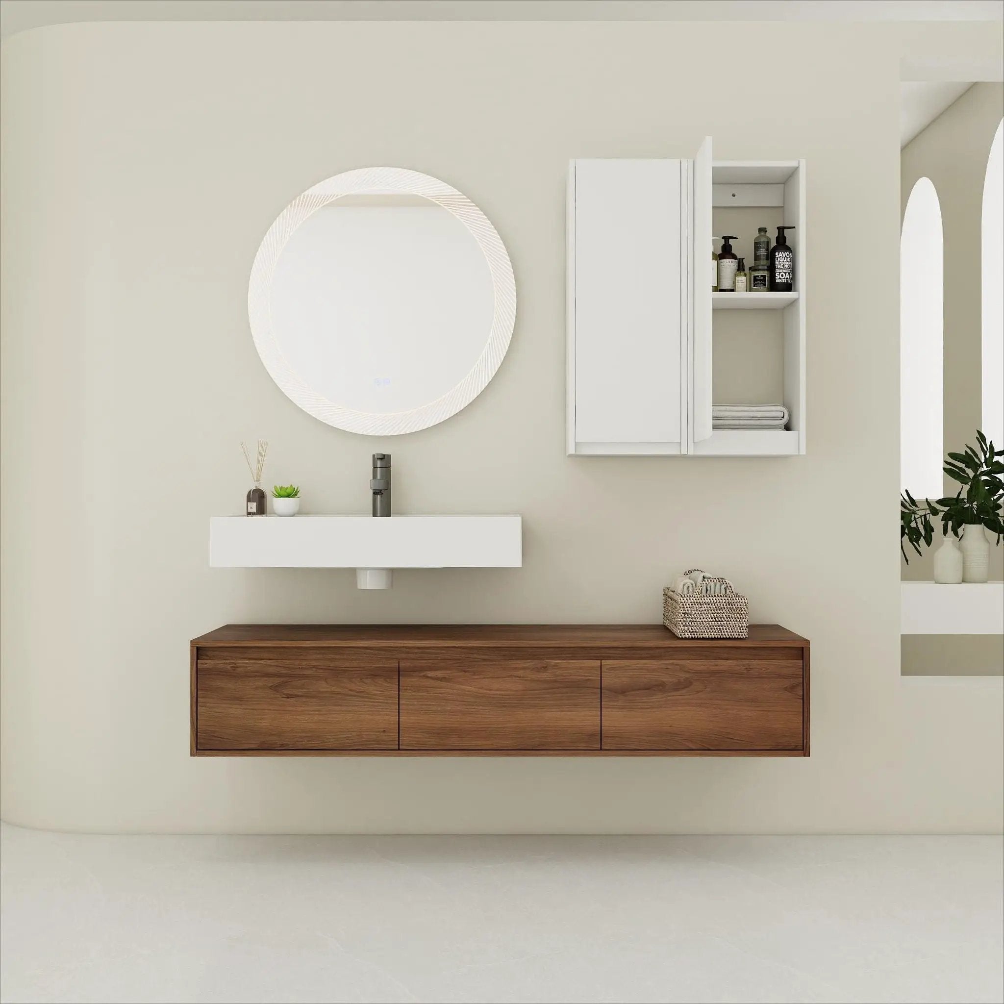 Wall Mounted Bathroom Vanity With Resin Sink And 2 Side Cabinet, 3 Soft Close Drawer - Brown Ebony by Unique Piece Furniture
