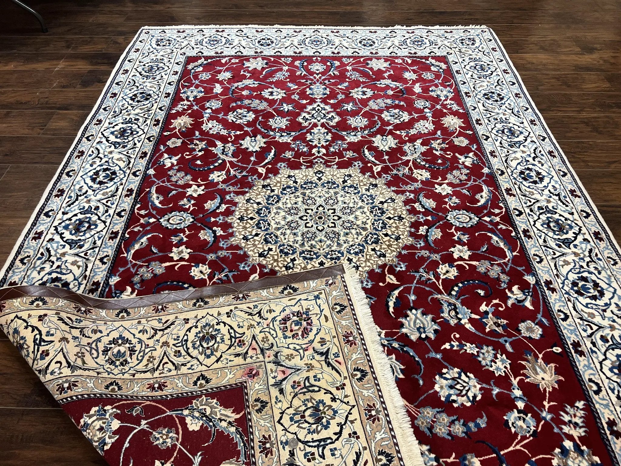 Persian Nain Rug 6x10, Wool and Silk Highlights, Red and Ivory, Floral Medallion, Vintage Handmade Hand Knotted, Fine 225 KPSI, Traditional Rug by Jewel Rugs
