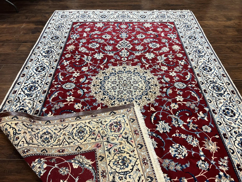 Persian Nain Rug 6x10, Wool and Silk Highlights, Red and Ivory, Floral Medallion, Vintage Handmade Hand Knotted, Fine 225 KPSI, Traditional Rug by Jewel Rugs